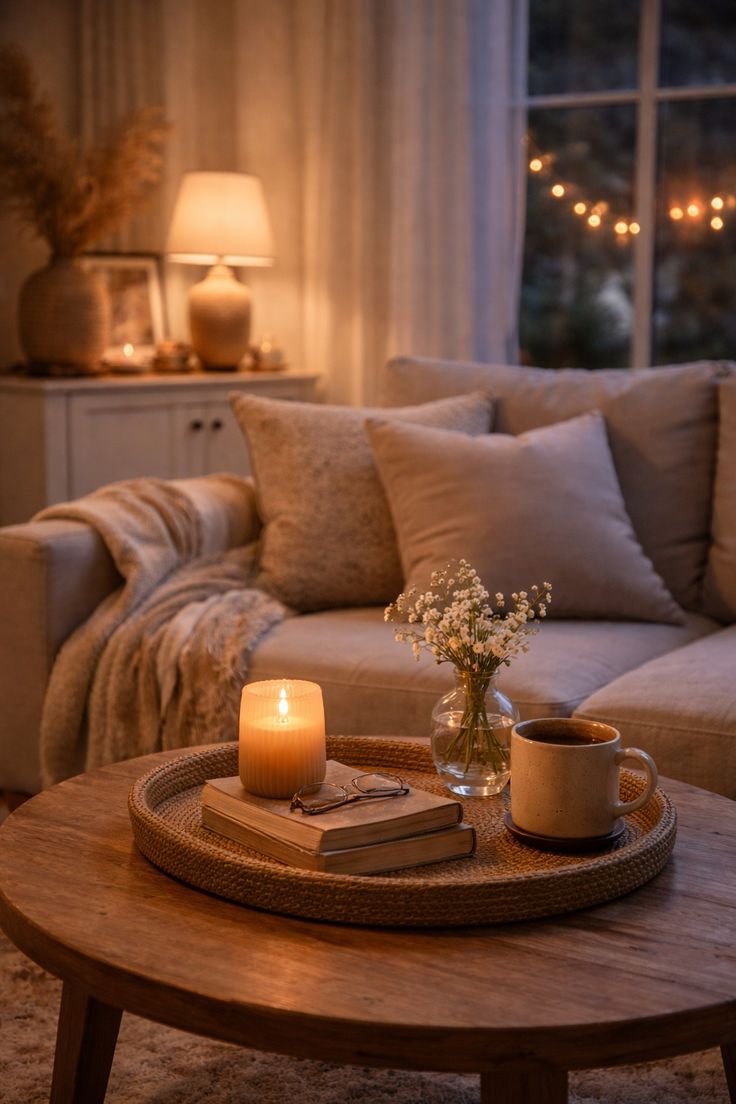 Soft-lit living room prepared for a calm evening routine